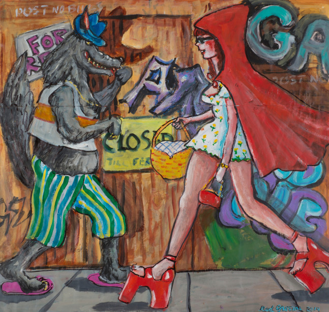 Work on paper depicting a wolf and woman in a red cape walking on the street