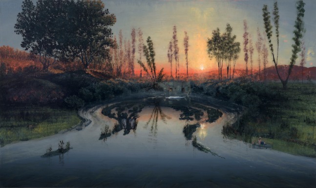 Landscape painting depicting the Hogsmill River Oxbow and the reflection of the sunset by Stephen Hannock.