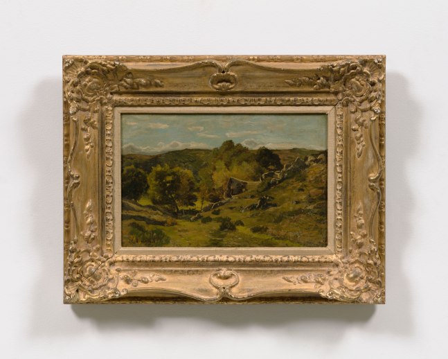 Framed oil on canvas work featuring a green landscape scene of the town Hérisson in France