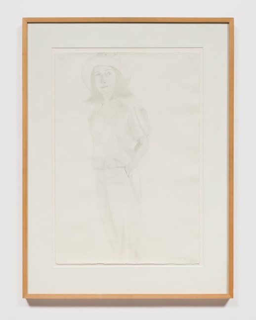 Graphite drawing of a woman wearing a hat and her hands in her pockets