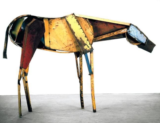 Sculpture of a standing horse made out of found steel by Deborah Butterfield
