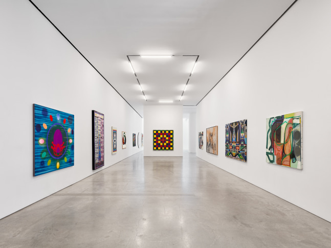 Installation view of &quot;Schema World as Diagram&quot; featuring several paintings in a white space.