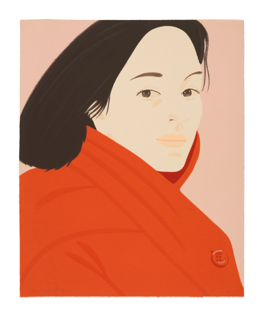 Color silkscreen by Alex Katz featuring a portrait of a woman with black hair wearing a red jacket featuring button details against a pink background