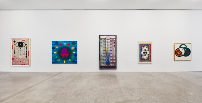 Installation view of &quot;Schema World as Diagram&quot; featuring five paintings on a white wall.