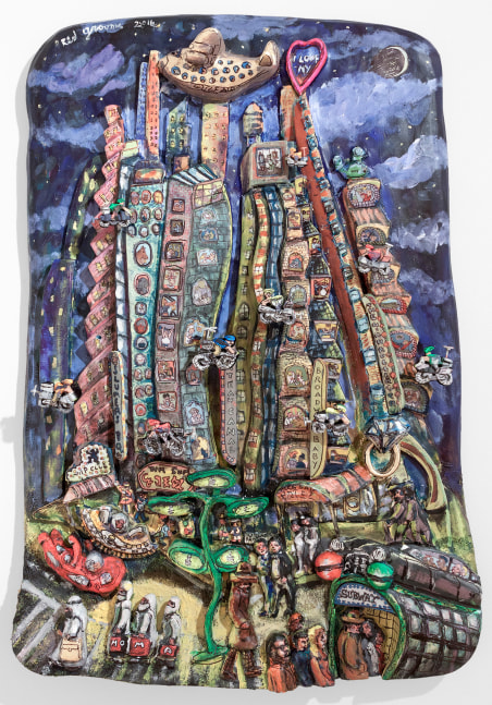 Acrylic, ink, mixed media and epoxy mounted on wood artwork by Red Grooms featuring a night scene on Canal Street with alien motifs and figures with bags spelling MOMA, a subway station, and figures riding motor bikes in the air