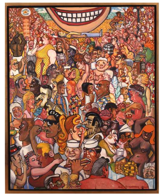 Framed artwork by Red Grooms of an oil painting on canvas of a colorful crowd of figures smiling and socializing. Featuring a massive smiling mouth at the top center of the piece with a person laying horizontal below it.