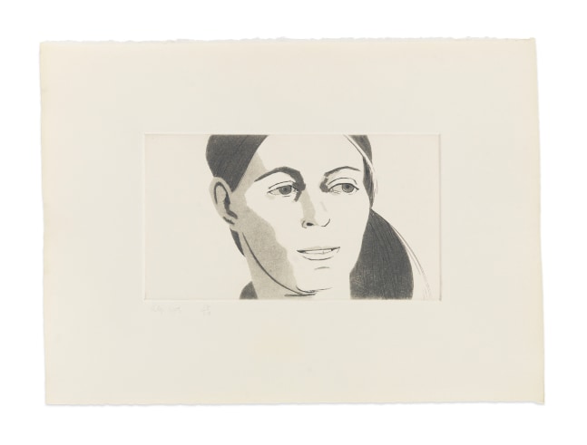 Aquatint by Alex Katz o a portrait of a woman with her hair in a side ponytail