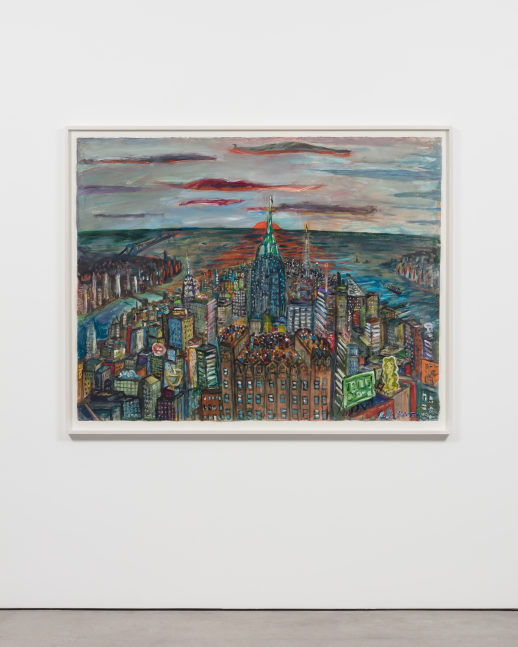 Installation view of a Red Grooms framed acrylic on paper artwork featuring a colorful urban scene with water and a sunset in the horizon