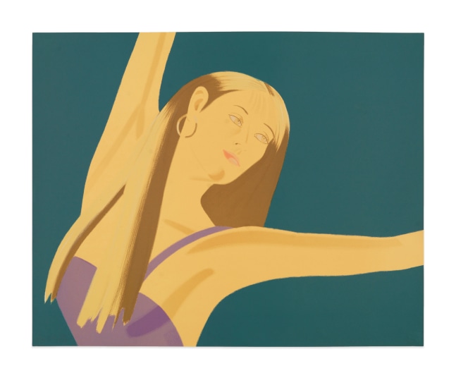Color lithograph by Alex Katz featuring the front view of a woman wearing a lavender top and gold hoop earring with one arm over her head and the other stretched out in a dancing motion against a blue background
