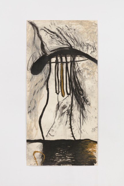Work on paper featuring abstracted plant-like forms in shades of black and brown