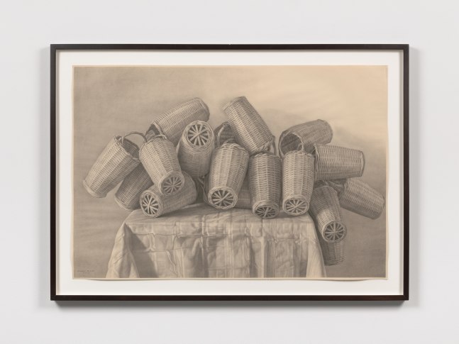 Pencil sketch of wooden baskets atop a table.