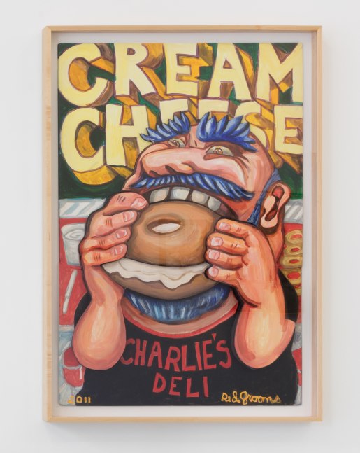 Framed acrylic on board artwork by Red Grooms featuring a portrait of a man with blue hair and wearing a Charlie's Deli shirt, eating a cream cheese bagel against a background that spells &quot;Cream Cheese&quot; in bold yellow lettering