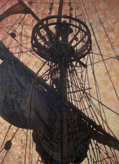 Oil painting of ship mast on the horizon by Vincent Desiderio.