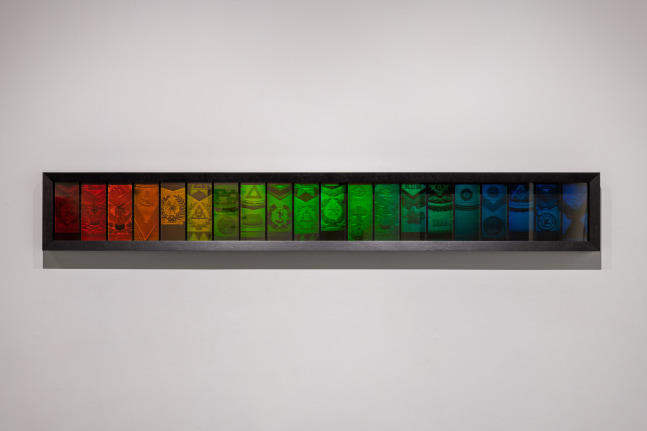Matthew Schreiber

Freemason Rainbow, 2018-2023
color Denisyuk hologram, unique
15 &amp;times; 111 in. / 38.1 &amp;times; 281.9 cm