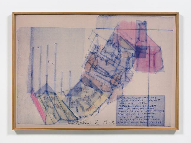 Dennis Oppenheim

Accelerator for Evil Thoughts, 1983&amp;nbsp;&amp;nbsp;&amp;nbsp;
hand tinted blue line print on linen mounted on rag board
40 x 60 in. / 101.6 x 152.4 cm