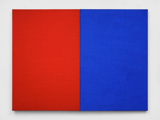 Abstract red and blue painting by Tadaaki Kuwayama