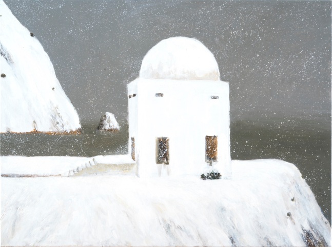 Painting of a church atop a mountain during a snowstorm