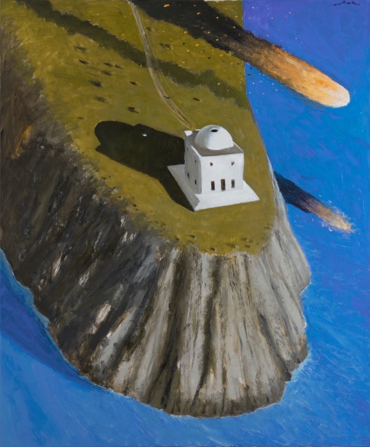 Painting of a house at the edge of a cliff overlooking blue water with a meteor in the sky