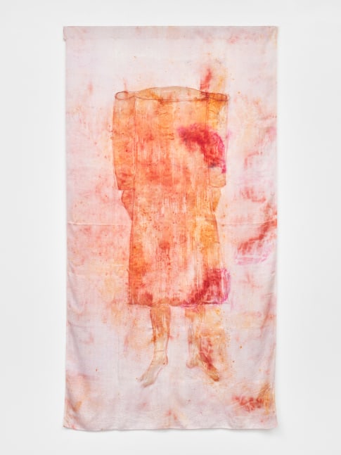 Self-Portrait (With Cochinilla), 2023

silk jacquard hand dyed with cochineal, turmeric, iron, indigo, and rose petals with wax, charcoal, and graphite

73 1/2 &amp;times; 39 1/2 in. / 186.7 &amp;times;&amp;nbsp;100.3 cm