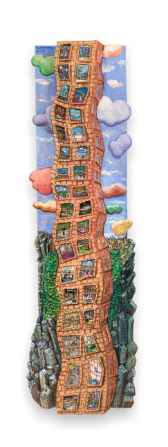 Narrow and vertical acrylic, ink, mixed media and epoxy mounted on wood piece by Red Grooms of a curvy apartment building filling the length of the work with different scenes in each window and multi-colored clouds against a blue sky over a bird's-eye view buildings and park space