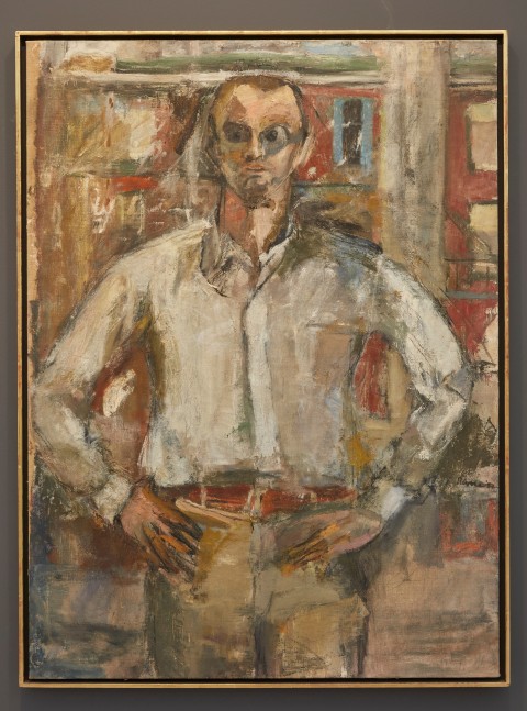 Framed oil on canvas portrait of Frank O'Hara standing with his hands on his hips and wearing a white collard shirt and sunglasses in an urban setting