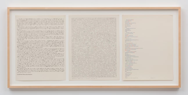 Three sheets of text displayed in a wooden frame.