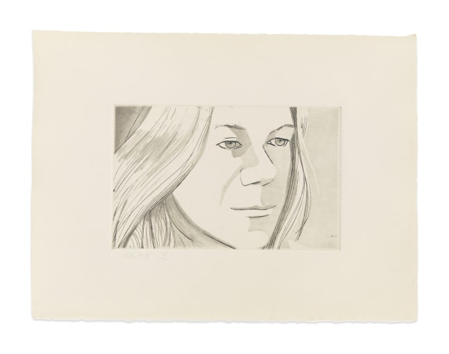 Aquatint by Alex Katz of a portrait of a woman at 3/4 view and looking straight ahead with her mouth closed