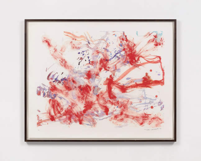 A colorful, movement filled serigraph by Zao Wou-Ki in red and purple on white paper