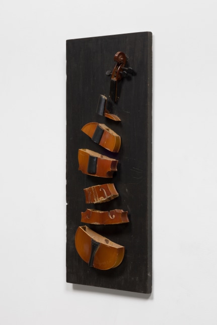 Side view of a violin sliced in seven parts on a dark wood panel