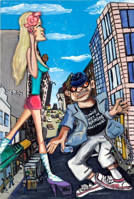 Work depicting a disproportionately-scaled tall blonde woman and short man standing on the street in New York