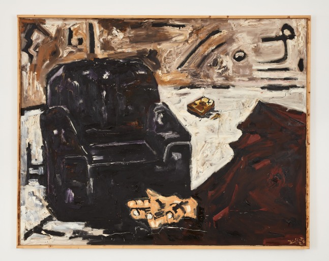 Oil on canvas work by Werner Büttner featuring a black armchair and a hand