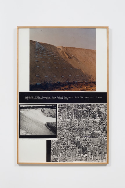 Dennis Oppenheim

Landslide, 1968

black and white photography, color photography, hand stamped aerial map mounted on museum board

60 x 40 in. / 152.4 x 101.6 cm