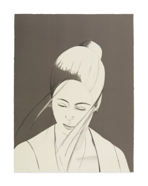 Lithograph by Alex Katz featuring the outline of a woman with her hair in a bun and some strands blowing across her face as she is looking downward against a grey background