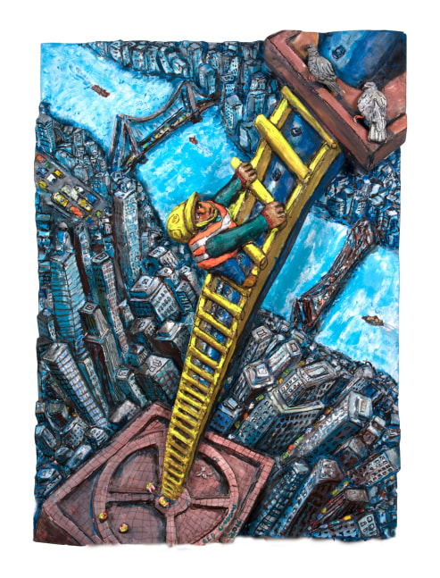 Acrylic, ink, mixed media and epoxy mounted on wood artwork by Red Grooms of an exaggerated bird's-eye perspective of a construction worker climbing a ladder over city buildings and water