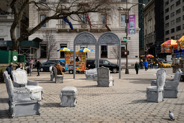 Liz Glynn Open House, 2016 cast concrete, 26 objects: 5 arches, 8 armchairs, 4 ottomans, 6 side chairs, and 3 settees dimension variable. Doris F. Freedman Plaza, Central Park, New York, NY. Photo: James Ewing, Courtesy of Public Art Fund, NY.