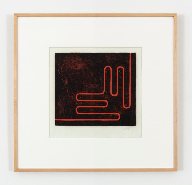 Donald Judd  Untitled (Print H), 1961-1978  woodcut in black with cadmium red oilpaint on the reverse, on Frostlite vellum paper  paper: 20 5/8 x 25 1/16 in. (52.3 x 63.5 cm)  image: 12 x 13 1/4 in. (30.5 x 33.7 cm)  frame: 26 x 27 x 1 1/4  in. (66 x 68.6 x 3.1 cm)  Edition 10 of 25  printed by Roy C. Judd, Published by Galerie Heiner Friedrich, Munich  signed recto lower right “Judd” and on verso “RCJ”