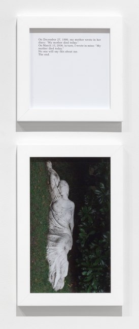 Sophie Calle Autobiographies (My Mother Died), 2013 digital print and text panel framed text: 19 7/8 x 19 7/8 in. (50.5 x 50.5 cm) framed photo: 30 1/8 x 19 7/8 in. (76.5 x 50.5 cm) Edition 4 of 5 (English) Edition of 5 + 1 AP (French), Edition of 5 + 1 AP (English)