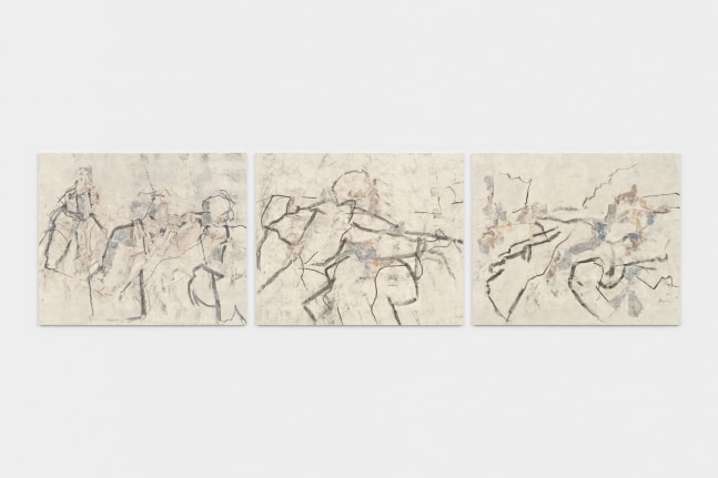 Beatrice Caracciolo The Blind (Triptych), 2023 mixed media on paper Three panels, each: 58 x 71 in. (147 x 180 cm) overall dimensions: 58 x 213 in, (147 x 541 cm)