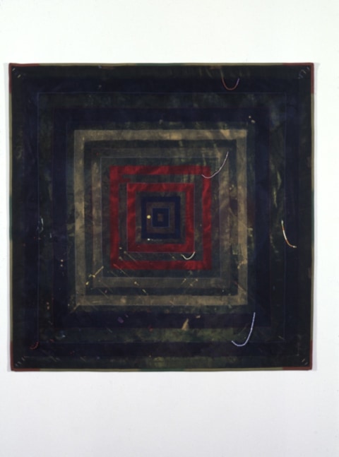 Alan Shields &quot;Big Rare, Fine Fare&quot; 1977-1978 Acrylic, thread, beads, cotton, belting 59&quot; x 58 1/4&quot;