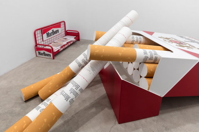 Installation view, Hans Haacke, Helmsboro Country, December 8, 2019 – February 29, 2020