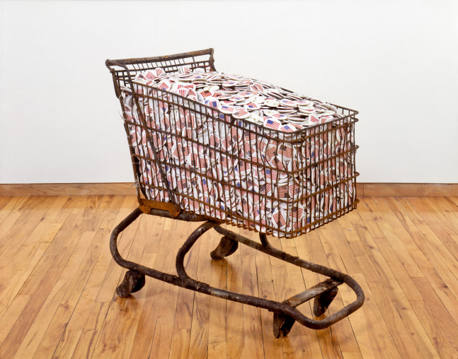 Hans Haacke Collateral, 1991 shopping cart with silkscreened metal buttons 33 x 37 1/2 x 20 1/2 in (83.8 x 95.3 x 52.1 cm)