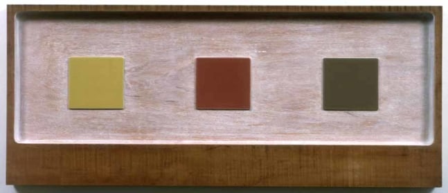 Dan Walsh "Oxide Colors (from the series 'Mahogony Tableau')" 2003 Pigmented shellac on mahogony 17 1/4 x 41 1/8 x 1 7/9"