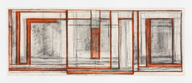 David Novros Untitled, 1974, charcoal and red oil paint on Arches paper 22 3/4 x 59 1/4 in. (57.8 x 150.5 cm)