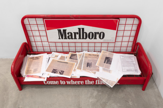 Installation view, Hans Haacke, Helmsboro Country, Paula Cooper Gallery, New York, December 8, 2019 – February 29, 2020. Photo: Steven Probert.