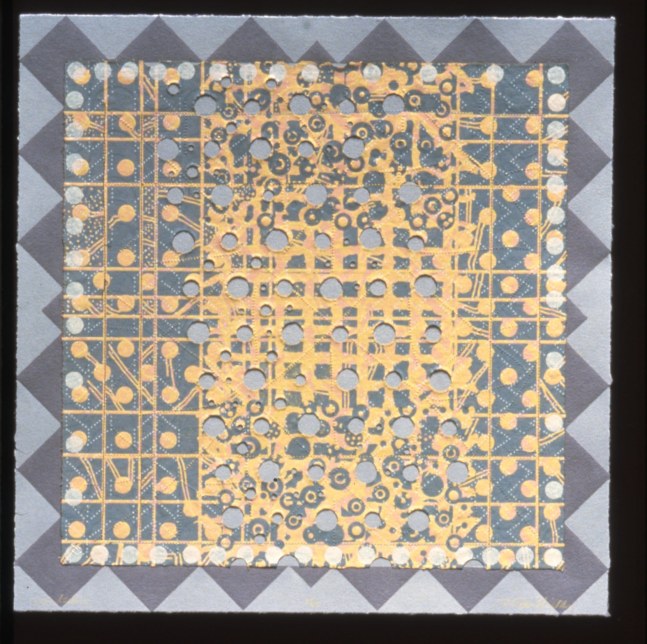 Alan Shields &quot;Sanderling&quot; 1992 Woodcut, relief, lithograph, collage in 13 colors on layered handmade paper with snitching 26&quot; x 26&quot;