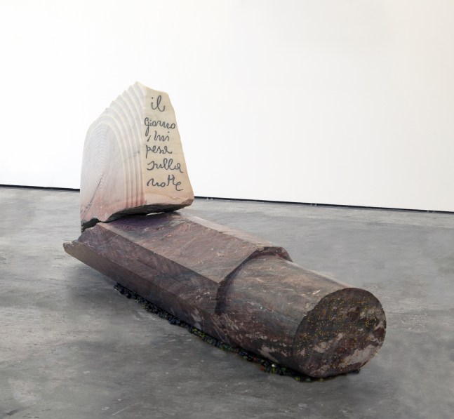 Luciano Fabro Il giorno mi pesa sulla notte I, 1994 Portuguese pink marble, red Levanto marble, gold, lead, glass 39 1/2 x 101 x 14 7/8 in. (100.3 x 256.5 x 37.8 cm)