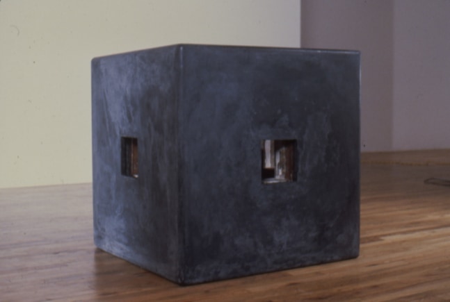 Jackie Winsor &quot;Exploded Piece&quot; 1980-82 Wood, reinforced concrete, plaster, gold leaf, explosives residue 34 1/2&quot; x 34 1/2&quot; 34 1/2&quot;