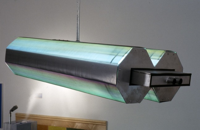 Dan Walsh "Binoculars" 2002 Fluorescent light fixtures, wire mesh, steel, mirror 12 x 24 1/2 x 55 in.