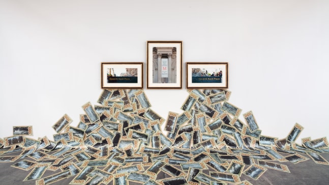 Hans Haacke The Business Behind Art Knows the Art of the Koch Brothers, 2014 3 color inkjet photos overall triptych framed :37 x 99 1/2 x 1 3/8 in. (94 x 252.7 x 3.5 cm) frame: 2 @ 20 5/8 x 33 x 1 3/8 in. (6.7 x 83.8 x 3.5 cm) frame: 1 @ 37 x 27 1/2 x 1 3/8 in (94 x 69.9 x 3.5 cm) photo-collaged hundred dollar bills each: 8 x 16 1/2 in. (20.3 x 41.9 cm) overall installation dimensions variable Edition 1 of 1, 1 AP