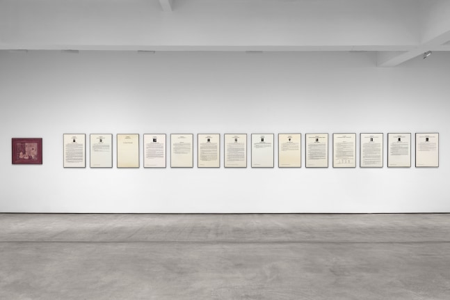 Hans Haacke
Seurat's "Les Poseuses" (small version), 1888-1975, 1975
14 framed text panels: ink on paper, black metal frame, glass
one 4-color reproduction: color ink on paper, black metal frame, glass
text panels: 30 x 20 in. (76.2 x 50.8 cm) each color reproduction: 23 3/8 x 27 1/4 in. (59.4 x 69.2 cm)
overall dimensions (variable): 30 x 382 in. (76.2 x 970.3 cm)